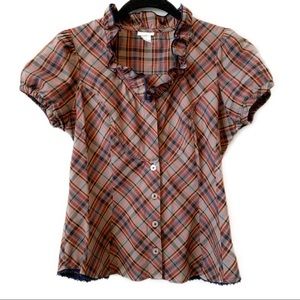 Odille Anthropologie Cotton Plaid Puff Sleeve Top